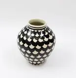Frank Carpay for Crown Lynn, Hand potted vase, decorated with repeat scalloped scale pattern in black on a white ground (minor hairline crack)