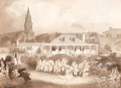 Edward Ashworth, The Residence of Colonel Robert H. Wynyard, Emily Place, Official Bay, Auckland (1848), ink and wash