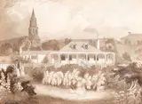 Edward Ashworth, The Residence of Colonel Robert H. Wynyard, Emily Place, Official Bay, Auckland (1848), ink and wash