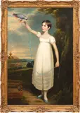 Sir William Beechey, Ellen Smith of Nottingham, oil on canvas laid down on board, depicts the sitter in a white muslin dress, her arm raised holding a grey parrot on a leash