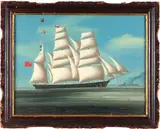 Chinese Artist Unknown, c. 1870, A British clipper off a China trade port, oil on canvas [tears to canvas in top left sky area and some paint loss]