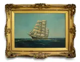 J. Mackay, Merchant Vessel in full sail with steamer in left background, oil on canvas, circa 1910