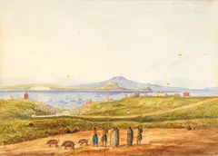 Joseph Jenner Merrett [attributed], View Auckland Looking towards the North Shore with Māori group herding pigs in the foreground, watercolour heightened with ink, circa 1855