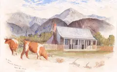 James Crowe Richmond, Kincaid, Kaikoura, April 5 1864 - Homestead of W. Busk [early settler] with cattle, pet cats and dogs, watercolour