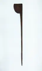 Tewhatewha, Long handled fighting staff, carved from dark brown wood with a rich patina, perforated suspension hole on inner edge of the blade. Long tapered shaft, with three grooves carved a quarter of the way up, large chip to butt end.