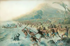 George Baxter, The Reception of the Rev. J. Williams at Tanna in the South Seas, the day before he was massacred (with) The Massacre of the Lamented Missionary, the Rev. J. Williams, and Mr. Harris, pair of oil coloured ‘Baxter’ prints