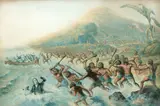 George Baxter, The Reception of the Rev. J. Williams at Tanna in the South Seas, the day before he was massacred (with) The Massacre of the Lamented Missionary, the Rev. J. Williams, and Mr. Harris, pair of oil coloured ‘Baxter’ prints