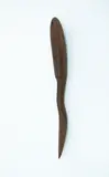 Ketu, Wooden digging implement, dark brown wood, oval handle and single suspension hole, short rounded edged shaft, paddle shaped blade