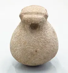 Māhē, Stone spherical sinker, with elongated neck, beginnings of hole drilled part way through the neck, top of the sinker carved with two deep grooves, the whole surface shows hammer-dressing