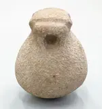 Māhē, Stone spherical sinker, with elongated neck, beginnings of hole drilled part way through the neck, top of the sinker carved with two deep grooves, the whole surface shows hammer-dressing