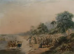 George Baxter, The Rev. J. Waterhouse superintending the landing of the missionaries the Rev Charles and Mrs Creed at Paranake (Taranaki), New Zealand