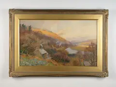 English landscape - Autumn colours, river valley and cottages by Bishop W. Follen, watercolour, sold Dec 2023