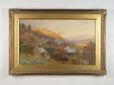 Bishop W. Follen, English landscape - Autumn colours, river valley and cottages, watercolour
