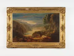 19th Century English School - South Eastern European, Balkan type landscape by Edward Lear [In the style of], with figures and thatched Pavilion in foreground; oil on canvas laid down on board, sold Dec 2023