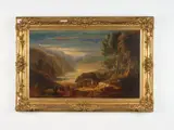 Edward Lear [In the style of], 19th Century English School - South Eastern European, Balkan type landscape, with figures and thatched Pavilion in foreground; oil on canvas laid down on board