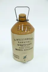 R Williams and Co., Two-gallon stoneware jar, Kawatiri, Westport, with tap