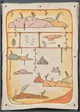 Cora-Allan Lafaiki Twiss, Climbing a high hill where he found three new species of plants to add to his New Zealand collection, whenua pigments, 18ct lemon bright gold and Kāpia ink on Hiapo