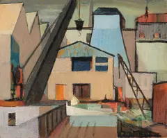 John Weeks, Industrial Townscape, tempera on board