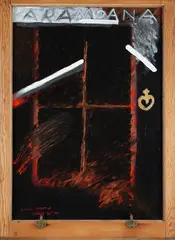 Black Window by Ralph Hotere, oil, acrylic and metallic pigment on board in Colonial sash window frame, offered Nov 2023