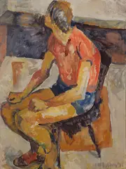 Portrait of Bryan Tuffnell by Toss Woollaston, oil on board, offered Nov 2023