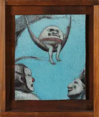 Tony Fomison, Humpty Dumpty who came to the party, oil on jute mounted to board