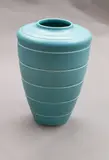 Keith Murray for Wedgwood, Rare large duck-egg blue shoulder vase, tapering conical shape with five lathe turned bands to the sides and three to the sloping shoulders, shape no. 3805