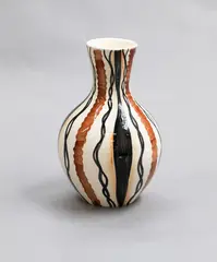 Small shaped bottle vase by Daniel Steenstra for Crown Lynn, hand painted with an abstract multi-colour design, sold Oct 2023