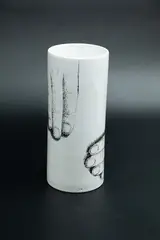 John Parker & Terry Stringer, Works in Progress, white ceramic vase of cylindrical form, with screen-printed design of the potter's hands by Terry Stringer, 3/4
