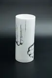 John Parker & Terry Stringer, Works in Progress, white ceramic vase of cylindrical form, with screen-printed design of the potter's hands by Terry Stringer, 3/4