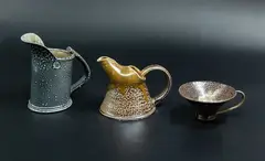 Duo of jugs by Walter Keeler, salt-glazed ceramics, olive-brown and blue-grey hues; along with an unknown salt-glazed cup (AF), sold Oct 2023
