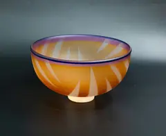 Palm leaf bowl by Giovanni Glass, blown glass, with sandblasted relief decoration of palm leaves in marigold yellow, and purple rim, sold Oct 2023