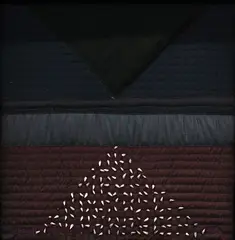 Malcolm Harrison, Dark moon, embroidered fabrics with appliquéd shells, custom frame