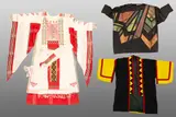 Penelope Read & Laura Vassilis, Wearable art (Jacket, Kaftan, Coat wrap), various fabrics, jacket is quilted, kaftan with sash and cross-stitch embroidery, coat wrap by Laura Vassilis is painted
