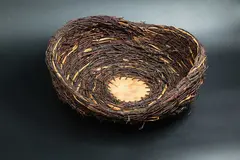 Large coiled basket by Willa Rogers, nikau palm, silver birch, pingao, waxed threads, sold Oct 2023