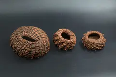 Trio of coiled baskets by Willa Rogers, pine needles and waxed linen threads, sold Oct 2023