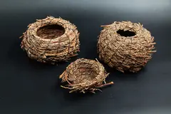 Trio of coiled baskets by Willa Rogers, pine needles, cabbage tree, jacaranda, phoenix palm and waxed threads, sold Oct 2023
