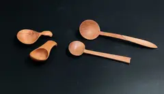Selection of spoons by Jill Gibens, carved wood, comprising two spoons made of manuka and pohutukawa woods & two mini-scoops, sold Oct 2023