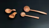 Jill Gibens, Selection of spoons, carved wood, comprising two spoons made of manuka and pohutukawa woods & two mini-scoops