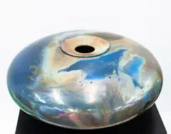 Ray Rogers, Large squat vase, ceramic vase of discoidal squat form with iridescent metallic blues and taupe glaze
