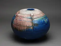 Greg Barron, Impressive ribbed ovoid jar, quatrefoil-shaped bulbous stoneware body with a thick heavily crackled glaze in blue, purple and white