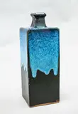 Large square bottle vase by Len Castle, stoneware slab vase with jun glaze over tenmoku, sold Oct 2023