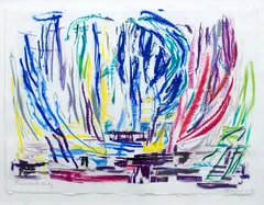 Riverbank Study by Gretchen Albrecht, oil pastel and collage on paper, offered Oct 2023