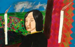 Girl With Two Candles by Jeffrey Harris, mixed media on paper, offered Oct 2023