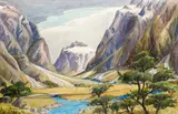 Gorge with Bridge, South Island by Mary Margaret Gore Spicer, watercolour, sold Oct 2023