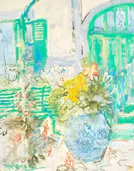 Peter O’Hagan, Chinese Jardinières in the Gardens of Giverny, acrylic with light impasto and pastel on paper