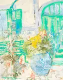 Peter O’Hagan, Chinese Jardinières in the Gardens of Giverny, acrylic with light impasto and pastel on paper