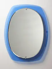 Veca, Mid-century wall mirror, manufactured in Italy, 1970’s, mirror mounted onto blue glass