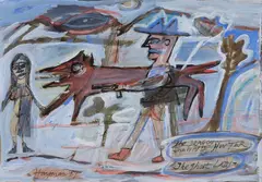 Patrick Hayman, The dragon, the white hunter and the ghost lady, gouache, coloured pencil and pastel on paper