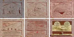Michael Shepherd, Plans for a Monument: One Land-One People / Onward NZ / Building Bridges / A Great Victory! (Is in sight) / The Communication of Colonialism / Lest We Forget (Language of Colonialism), oil on six panels