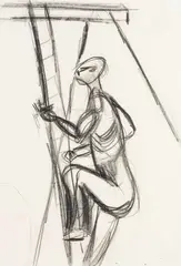 Linesman Climbing Power Pole by Colin McCahon, black crayon on paper (1947), sold Aug 2023